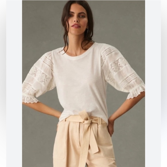 Anthropologie Tops - Anthropologie White Ruffled Blouse with Relaxed Sleeves lace appliqué Small